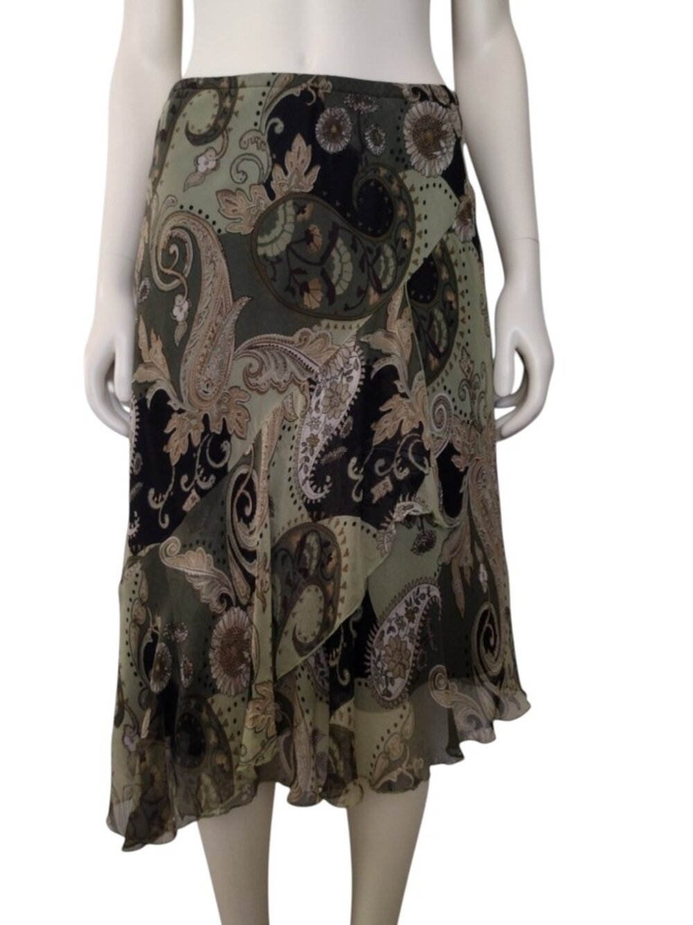 Vintage 1990s Brown Green 100% Silk Asymmetric Ruffled Hem Midi Fairy Skirt M